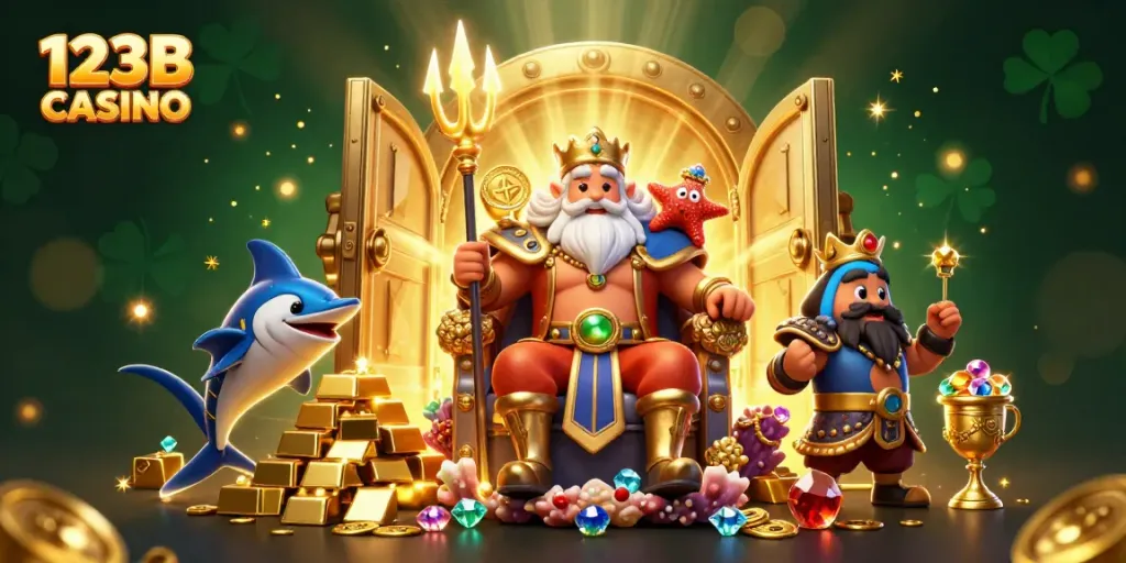 Experience excitement at 123B CASINO with Neptune and treasures overflowing in this vibrant illustration.