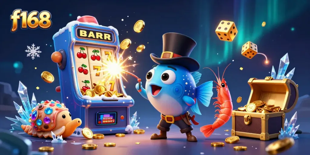 Engage with the f168 casino excitement as characters attract coins amidst vibrant slot game elements.