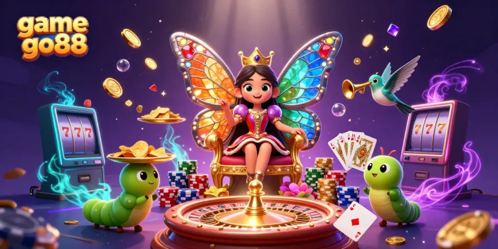 Experience the magic of game go88 with a captivating 3D illustration showcasing vibrant characters and casino elements.