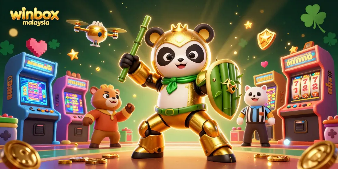 Immerse in winbox malaysia with a vibrant 3D illustration of a mech-suit panda in a casino-themed arena.