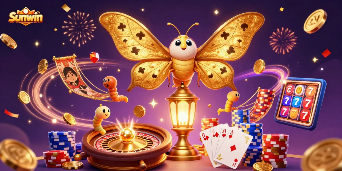 Engage with Sunwin's exciting casino world, featuring a breathtaking scene of golden moths amidst vibrant game symbols.
